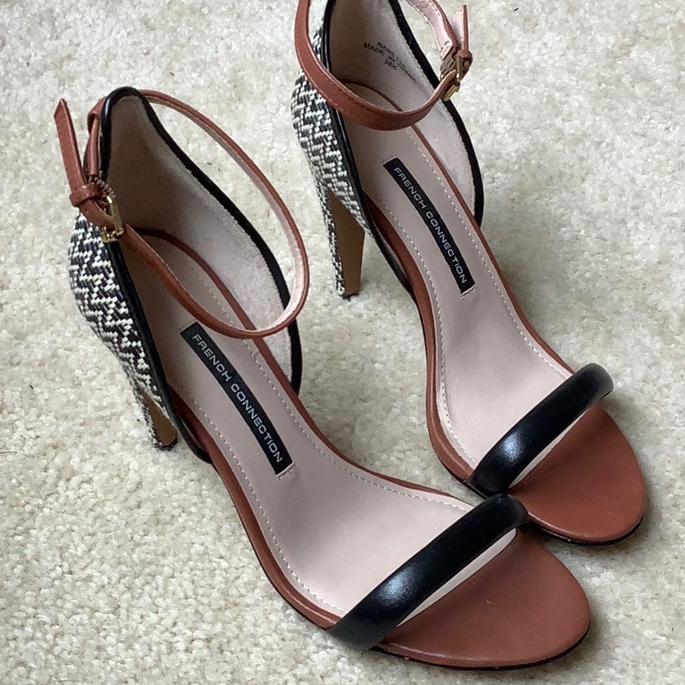 French Connection Black and Brown Tweed Heeled Sandals 8.5